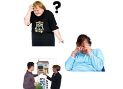 A man in a black t shirt  is scratching his head, looking confused, woman crying, man woman look at poster