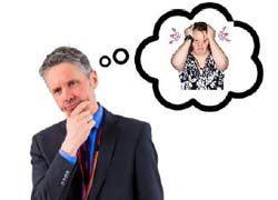 A man in suit thinking about woman she is confused