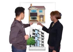 A young man and a woman are standing in front of a poster. On the poster are two houses, they are choosing one by pointing at it.