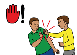 red hand and exlamation mark, man punching another man