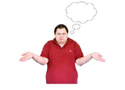 A man in a red shirt. He has his hands outstretched with palms up. He looks confused and has a think bubble above his head.