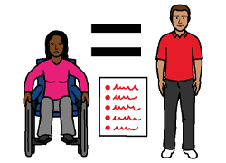 woman in wheelchair equal sign document and a man